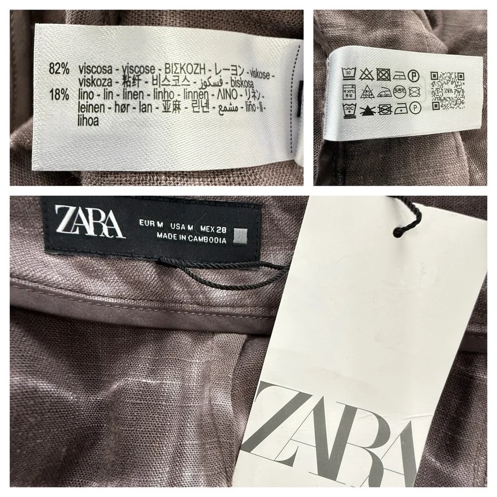 ZARA‎ Pants Women's M Front Wrap Panel Wide Leg Linen Blend Boho Chocolate Brown
